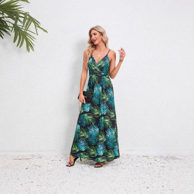 Damen Maxikleid mit zartem V-Ausschnitt und buntem Pflanzenmuster Fudus