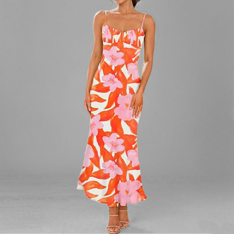 Damen Maxikleid mit feinen Spaghettiträgern und blumigem Design Fudus