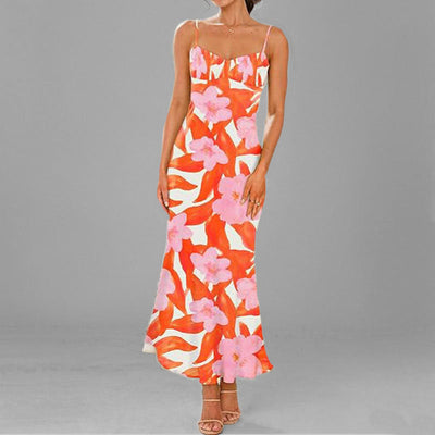 Damen Maxikleid mit feinen Spaghettiträgern und blumigem Design Fudus