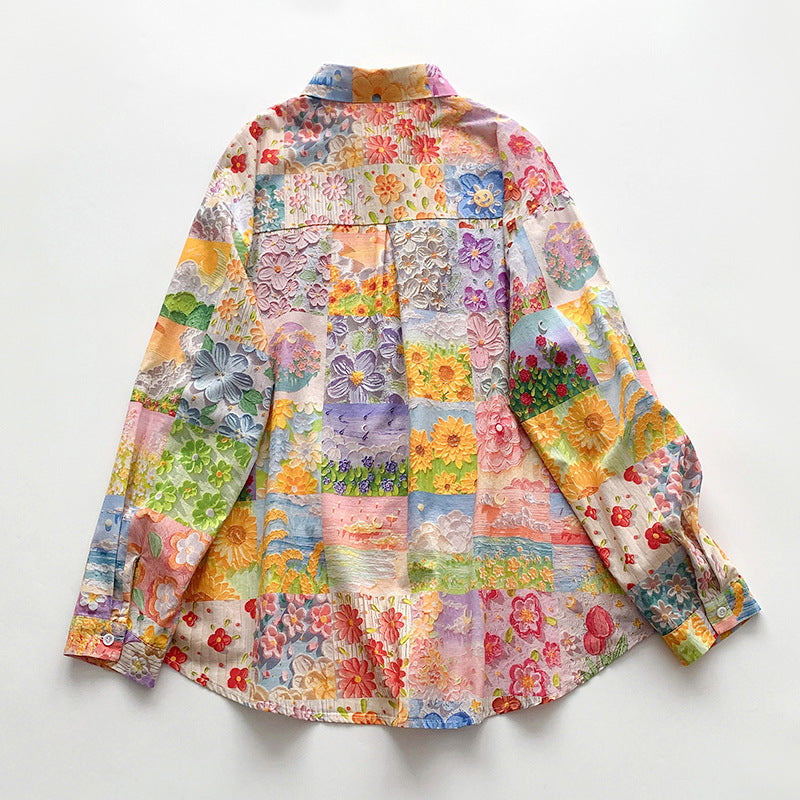 Damen Langarmhemd mit buntem Patchwork-Design Fudus