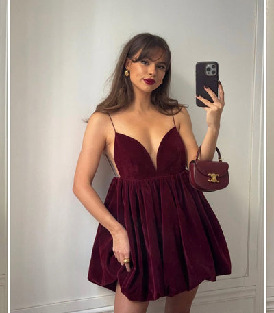 Damen Babydoll-Kleid aus luxuriösem Samt mit tiefem Ausschnitt Fudus