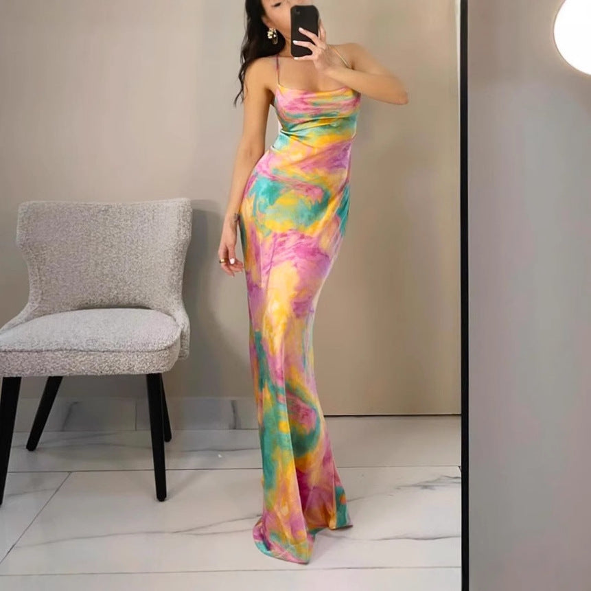 Damen Maxikleid mit einzigartigem Farbverlauf und schmalen Trägern Fudus