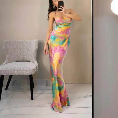 Damen Maxikleid mit einzigartigem Farbverlauf und schmalen Trägern Fudus