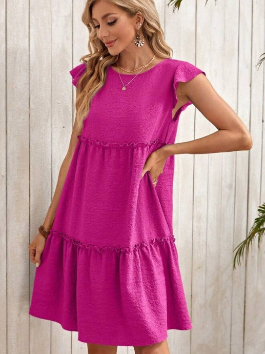 Damen lässiges Kurzkleid mit fröhlichen Rüschen und voluminösem Schnitt Fudus