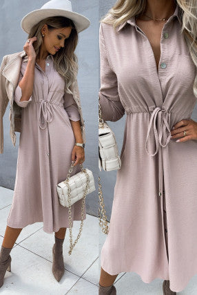 Damen Hemdblusenkleid mit taillierbarem Gürtel und eleganter Knopfdetail Fudus