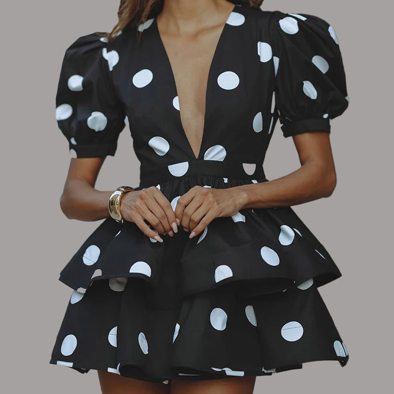 Damen Minikleid mit voluminösen Puffärmeln und tiefem V-Ausschnitt Fudus