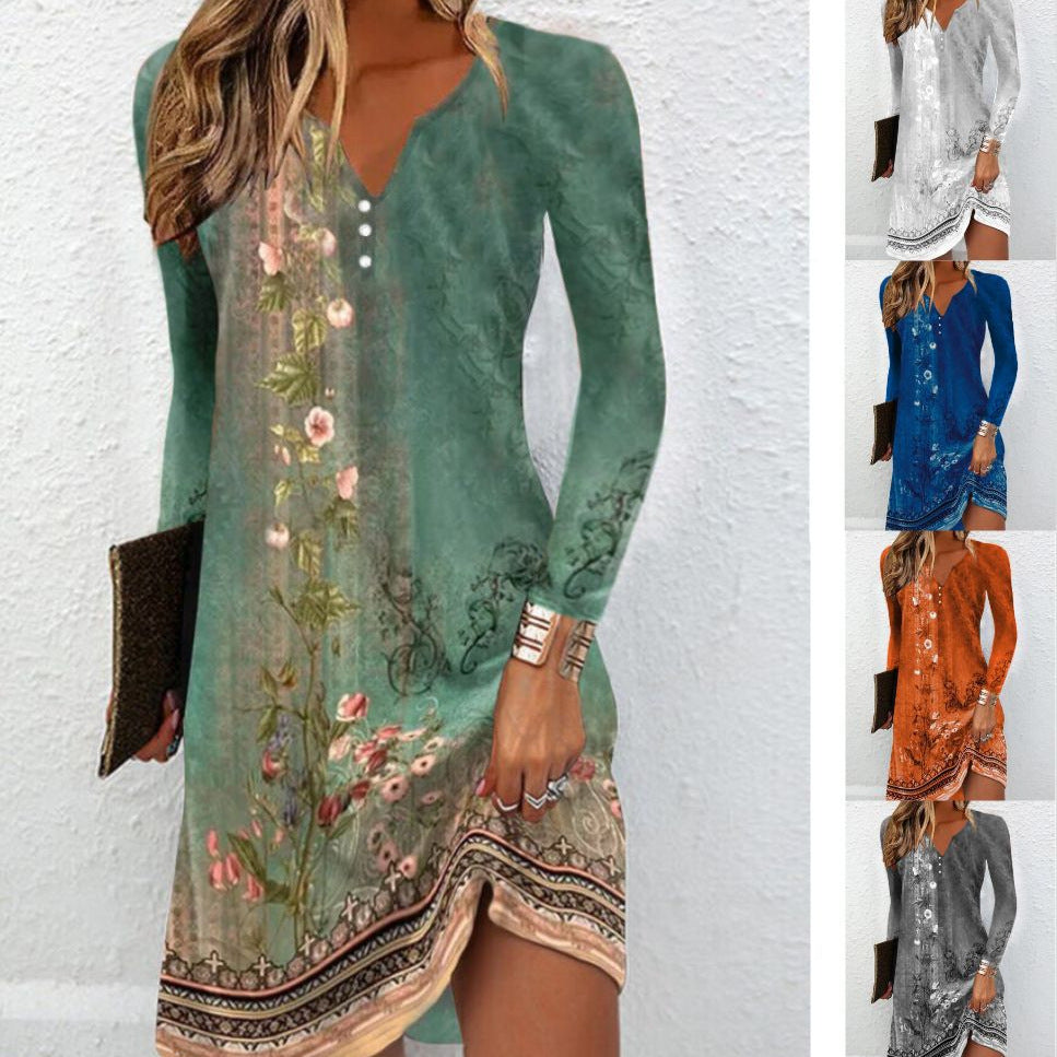 Damen lässiges Strandkleid mit floralem Motiv und Knopfleiste Fudus