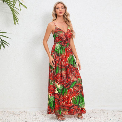 Damen Maxikleid mit zartem V-Ausschnitt und buntem Pflanzenmuster Fudus