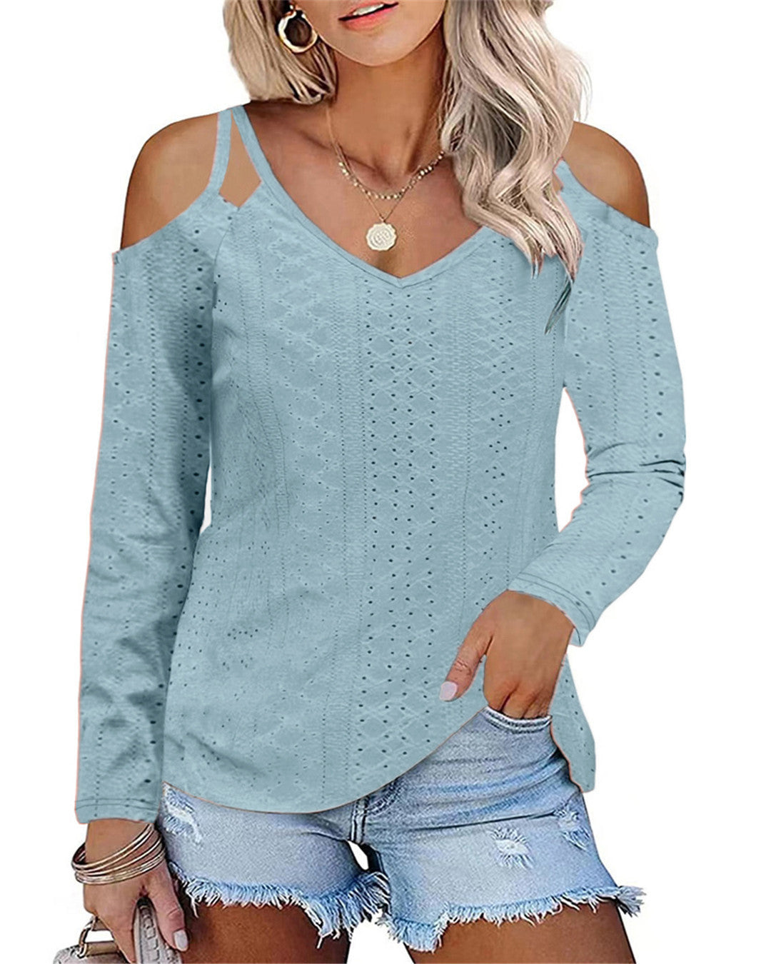 Damen Langarmshirt mit Schulterauschnitten und feiner Struktur Fudus