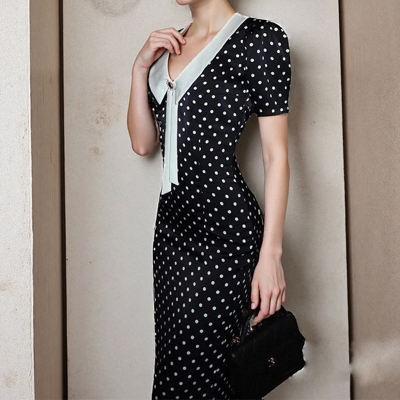 Damen figurbetontes Polka-Dot Kleid mit schickem Kragen Fudus