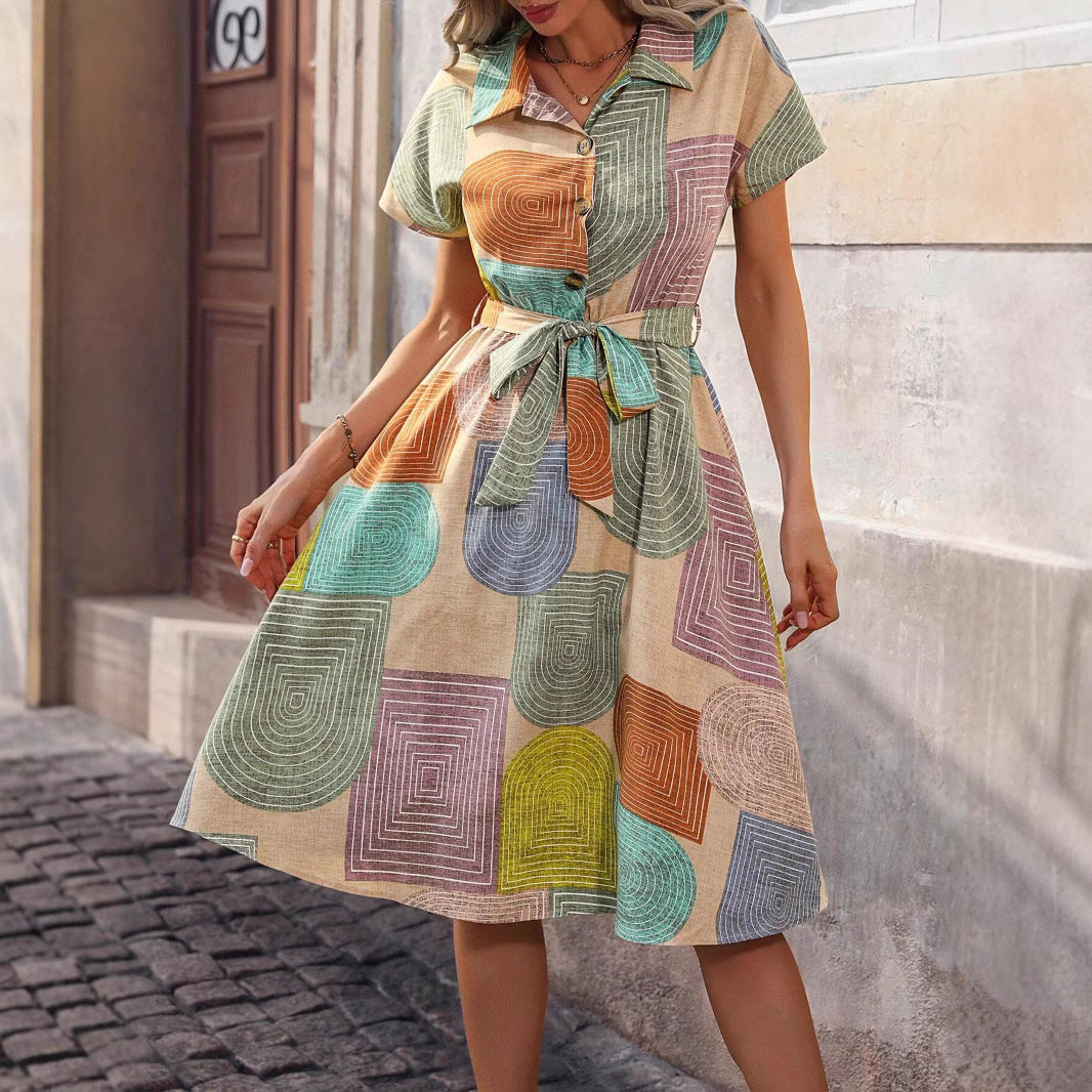 Damen Midi-Kleid mit geometrischem Muster Fudus