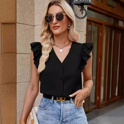 Damen Bluse mit Volantärmeln und V-Ausschnitt Fudus