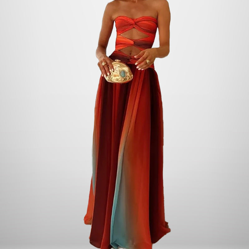 Damen Boho-Chic Maxikleid mit kreativen Cut-Outs und fließendem Rock Fudus