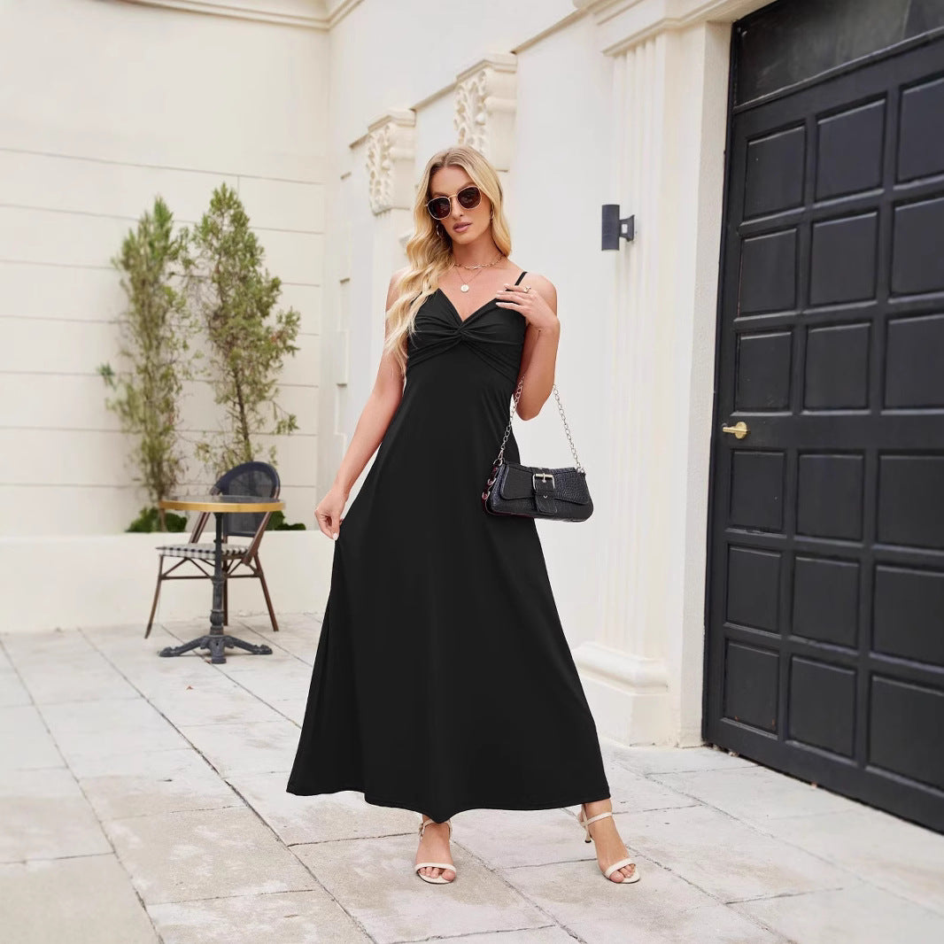 Damen elegantes Maxikleid mit feinem Faltenwurf und Spaghettiträgern Fudus