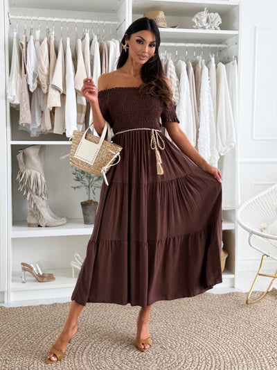 Damen Off-Shoulder Maxikleid mit Raffungen und Taillengürtel Fudus