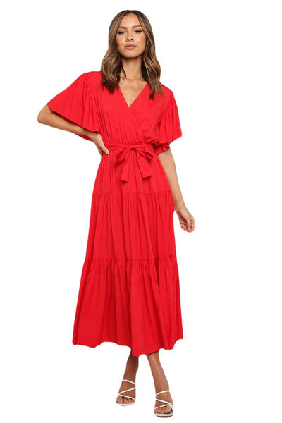 Damen Maxikleid mit tiefem V-Ausschnitt, Wickelbund und flatternden Ärmeln Fudus