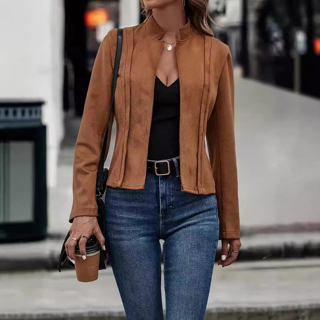 Damen strukturiertes Wildlederjackett mit modernem Stehkragen Fudus