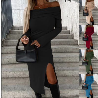 Damen Off-Shoulder Maxikleid mit elegantem Schlitz und langem Arm Fudus