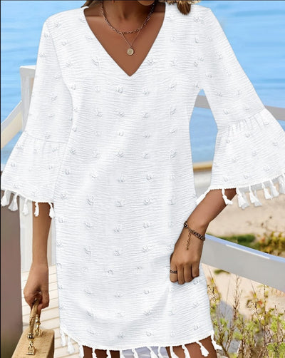 Damen Freizeitkleid mit V-Ausschnitt und ausgestellten Ärmeln Fudus