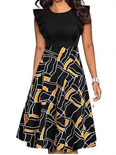 Damen Kleid mit Rüschendetails und modernem Grafikdesign Fudus