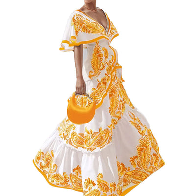 Damen Maxikleid mit voluminösen Ärmeln und detailreicher Stickerei Fudus