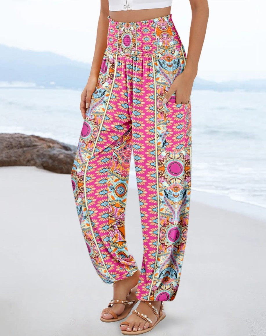 Damen luftige Palazzo-Hose mit grafischem Moulage-Muster und hochelastischem Bund Fudus