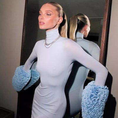 Damen Langarm Maxikleid mit hohem Kragen und figurbetontem Schnitt Fudus