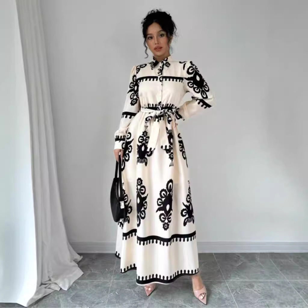 Damen Hemdblusenkleid mit kunstvollem Muster und Taillengürtel Fudus