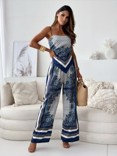 Damen eleganter Jumpsuit mit raffiniertem Print und weiten Beinen Fudus