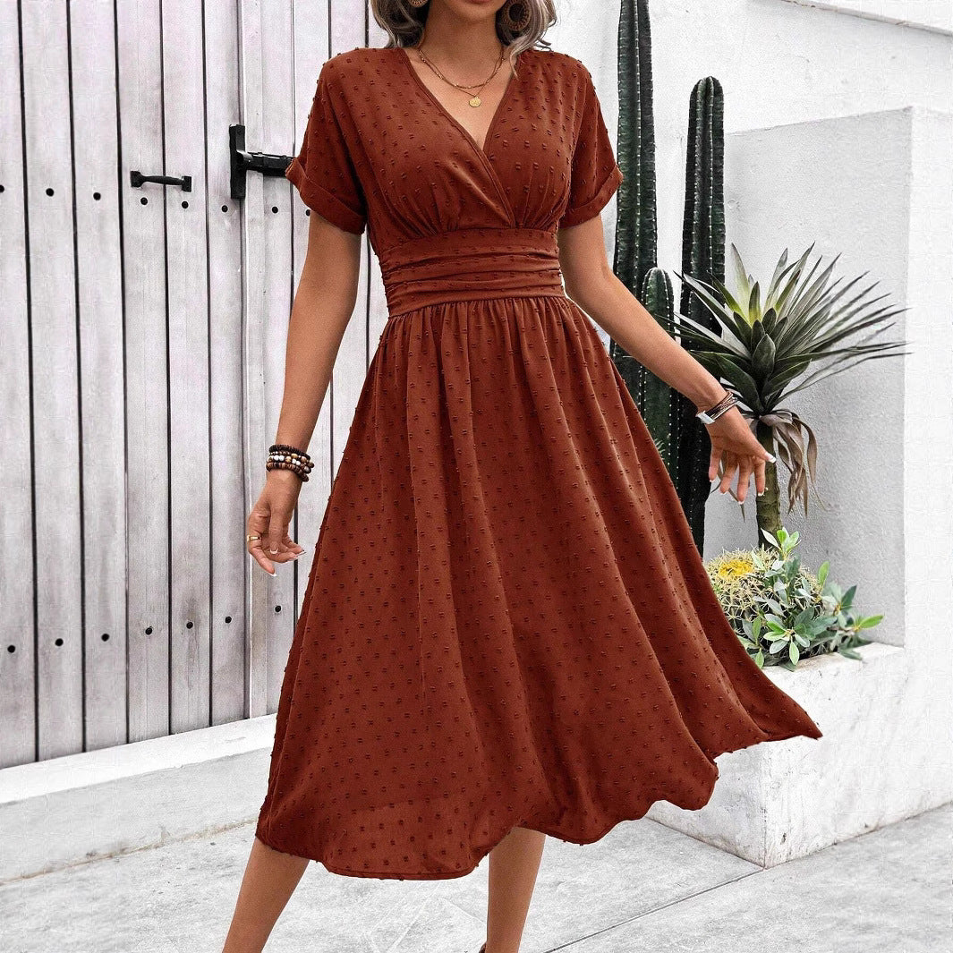 Damen midi Kleid mit gerafftem Oberteil und V-Ausschnitt Fudus