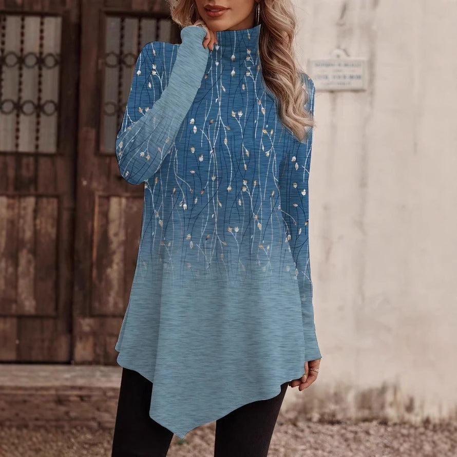 Damen Modisches Tunika-Oberteil mit hochgeschlossenem Kragen und floralem Design Fudus