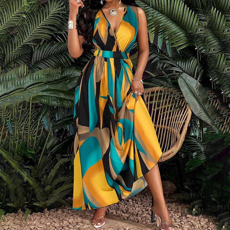 Damen Maxikleid mit kreativem Muster und elegantem V-Ausschnitt Fudus