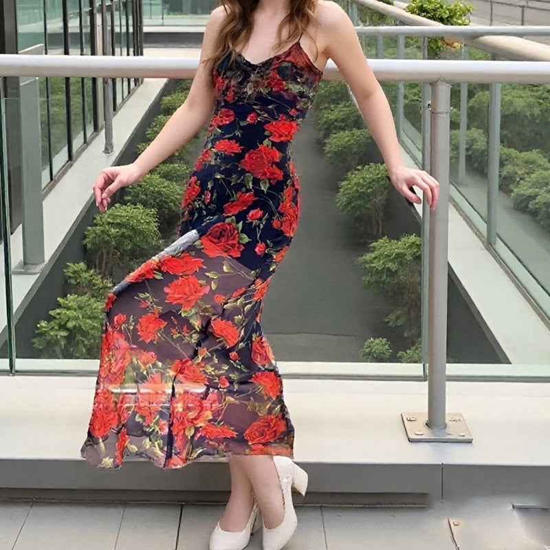 Damen Maxikleid mit floralen Details und leicht transparentem Stoff Fudus