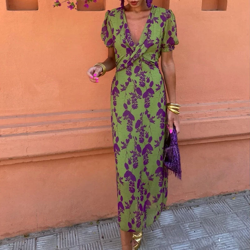 Damen Maxikleid mit tiefem V-Ausschnitt und luftigen Puffärmeln Fudus