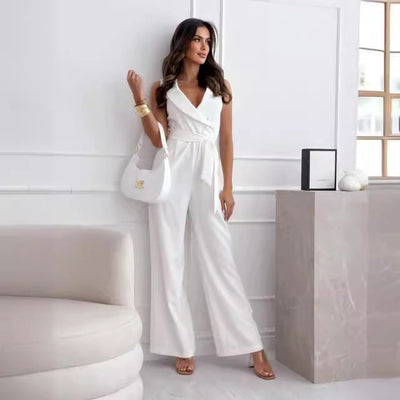 Damen eleganter Jumpsuit mit Wickeldesign und weitem Bein Fudus