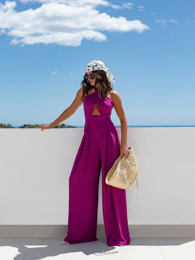 Damen Eleganter Jumpsuit mit tiefem V-Ausschnitt und seitlichen Taschen Fudus