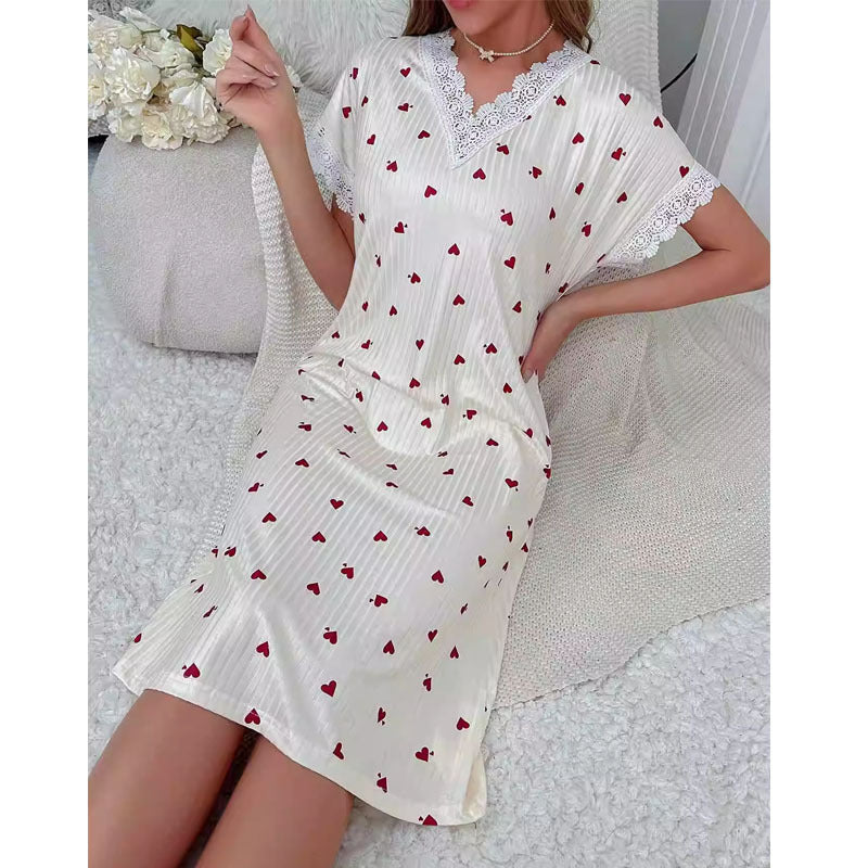 Damen Nachtwäsche mit Herzmotiv und Spitzenbesatz Fudus