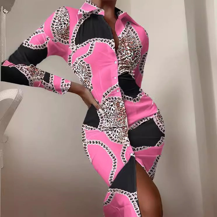 Damen Hemdblusenkleid mit auffälligem Moulage-Muster und schickem Schnitt Fudus