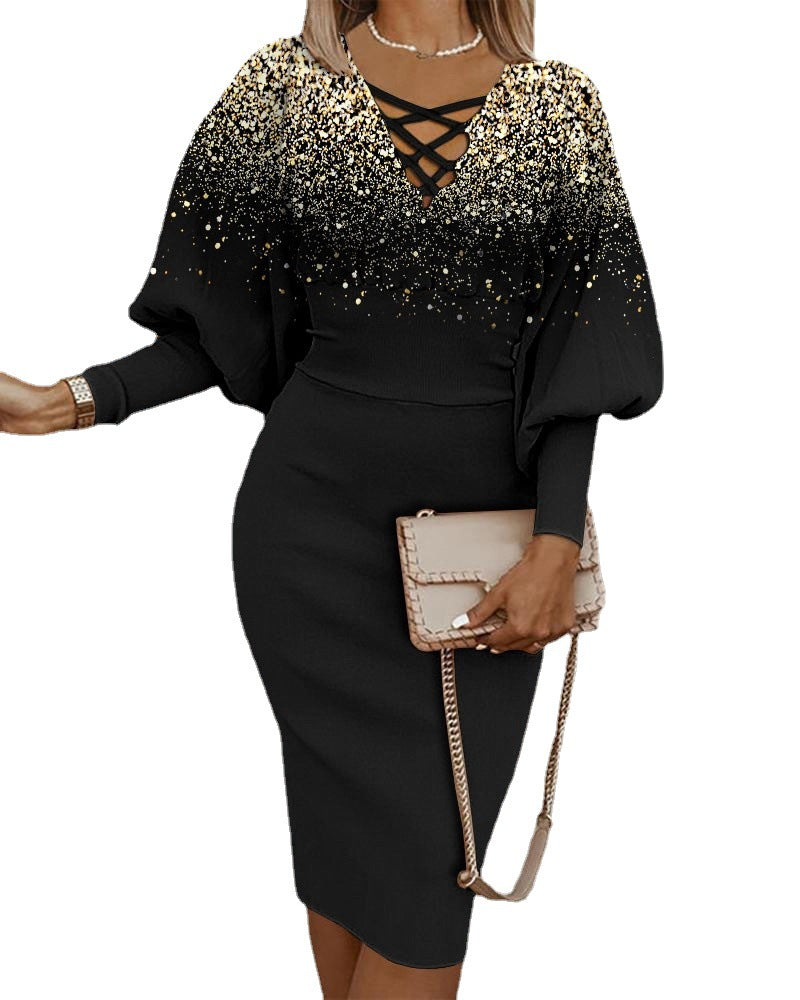 Damen kariertes Midi-Kleid mit ballonärmel und tiefem V-Ausschnitt Fudus