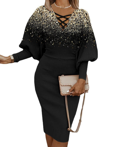 Damen kariertes Midi-Kleid mit ballonärmel und tiefem V-Ausschnitt Fudus