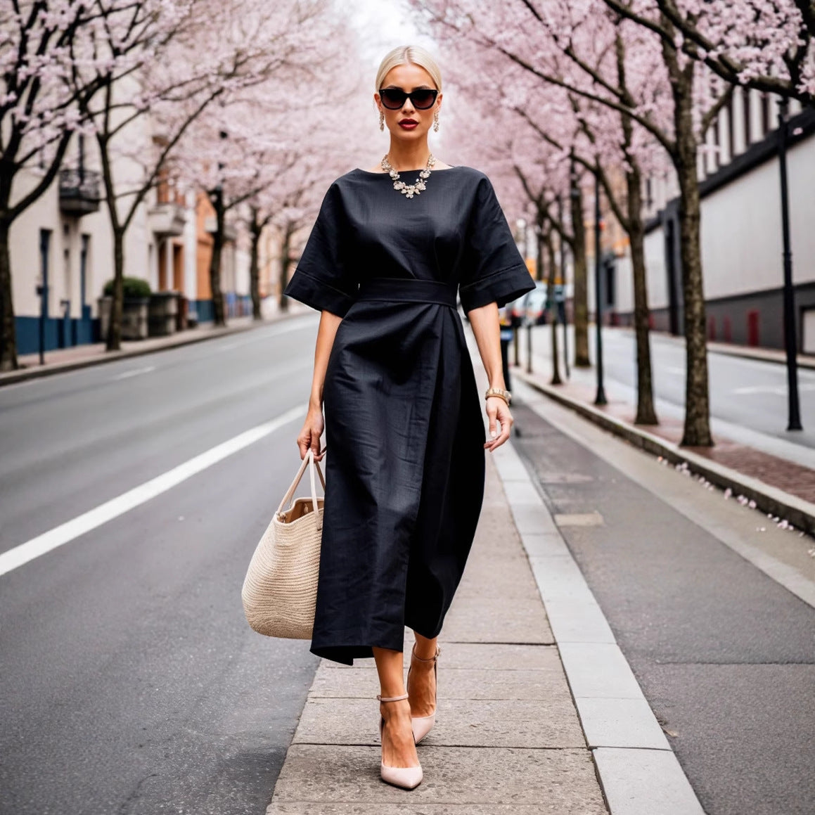 Damen Midi-Kleid mit weit geschnittenen Ärmeln und taillierter Silhouette Fudus