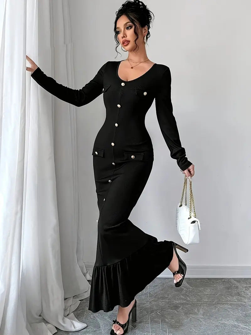 Damen figurbetontes Maxikleid mit Knopfleiste und Rüschen Fudus