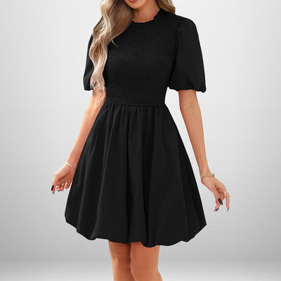 Damen Kurzarm Kleid mit elastischem Oberteil und schwingendem Rock Fudus