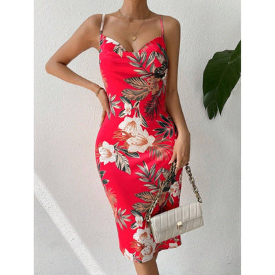 Damen figurbetontes Abendkleid mit zarten Trägern und floralem Design Fudus