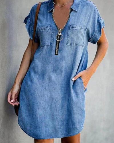 Damen Denim-Kleid mit kurzem Arm und Reißverschluss Fudus