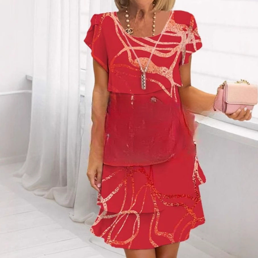 Damen Fließendes Maxi-Kleid mit eleganten Volant-Details und kreativem Grafikmuster Fudus