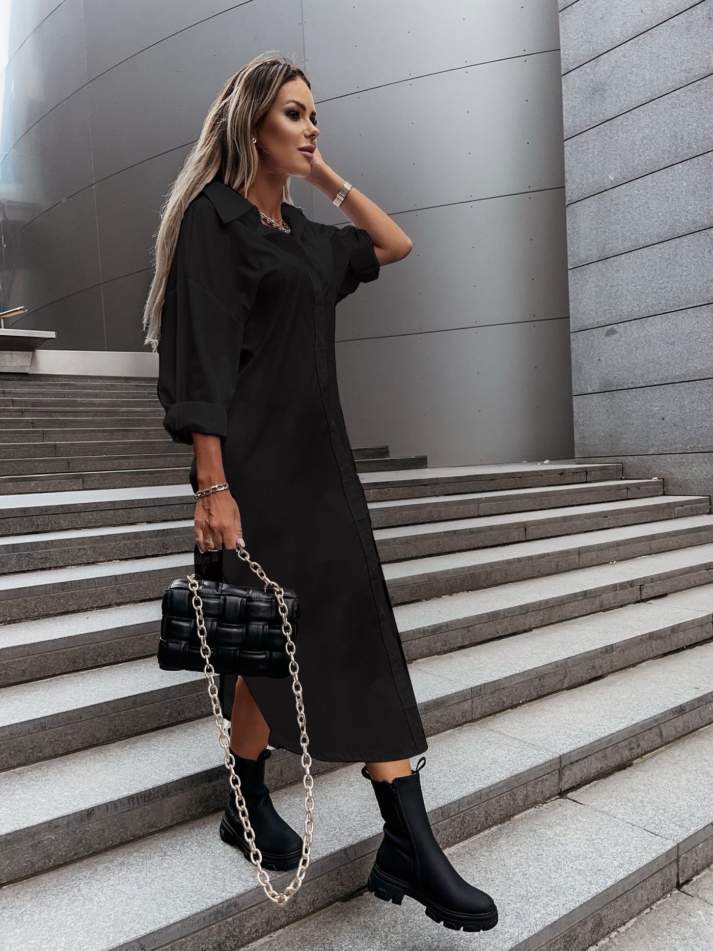 Damen Hemdkleid im Oversized-Schnitt mit modernem Kragen und seitlichen Taschen Fudus