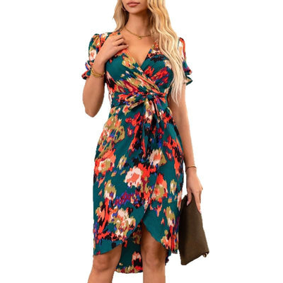 Damen Wickelkleid mit elastischem Bund und verspieltem Blumendesign Fudus