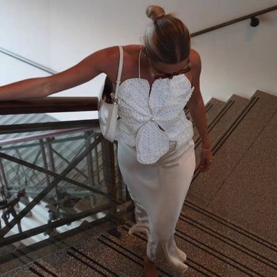 Damen Abendoberteil mit floralem Detail und Perlenverzierung Fudus