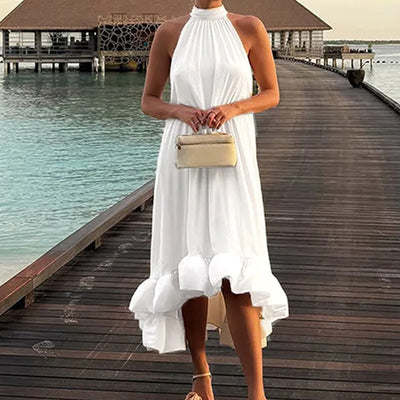 Damen Hippie Maxikleid mit Rüschensaum und hochgeschlossenem Kragen Fudus